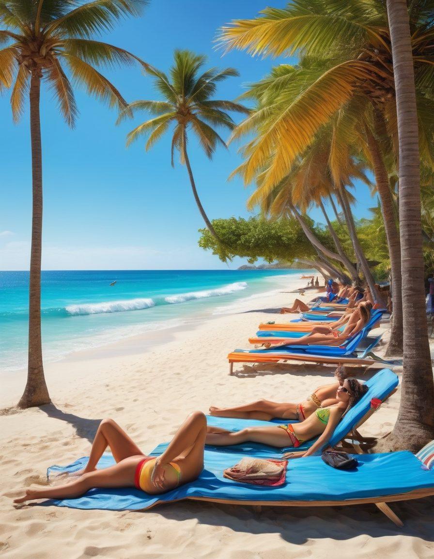 A vibrant beach scene featuring a diverse group of people wearing stylish thong swimwear, lounging under colorful umbrellas, and enjoying a variety of beach activities. The background showcases a crystal-clear blue ocean and palm trees swaying in the breeze, with rental beach equipment like paddleboards and chairs scattered around. Bright sunlight adds warmth to the atmosphere, instilling a sense of joy and relaxation. super-realistic. vibrant colors. beach aesthetic.