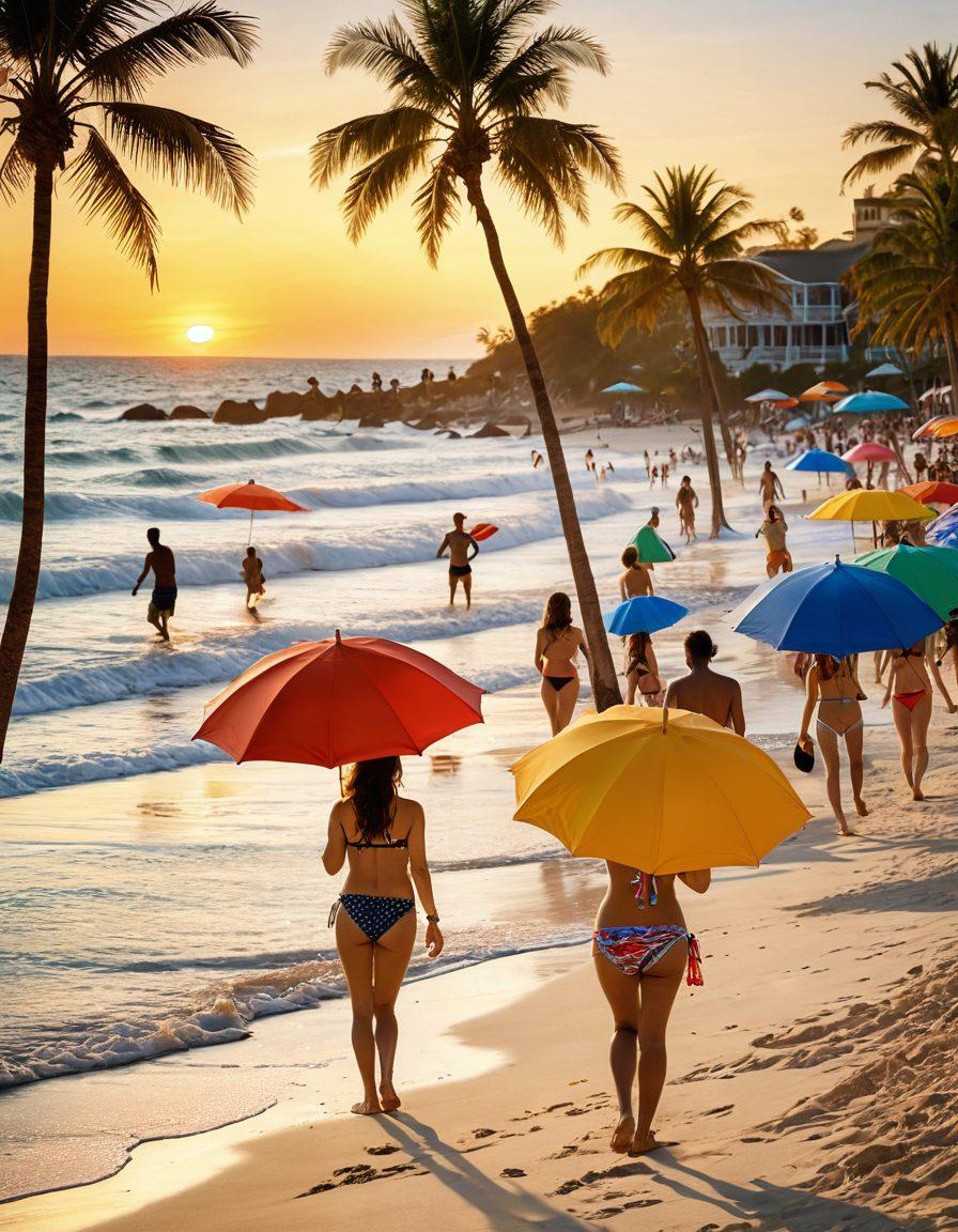 A vibrant beach scene showcasing diverse models in trendy swimwear, splashing water and enjoying the sun. Include colorful beach gear, like towels and umbrellas, along with palm trees and beach balls to enhance the fun atmosphere. The sun setting in the background adds warmth and a relaxed vibe. summery colors. super-realistic. bright and cheerful.
