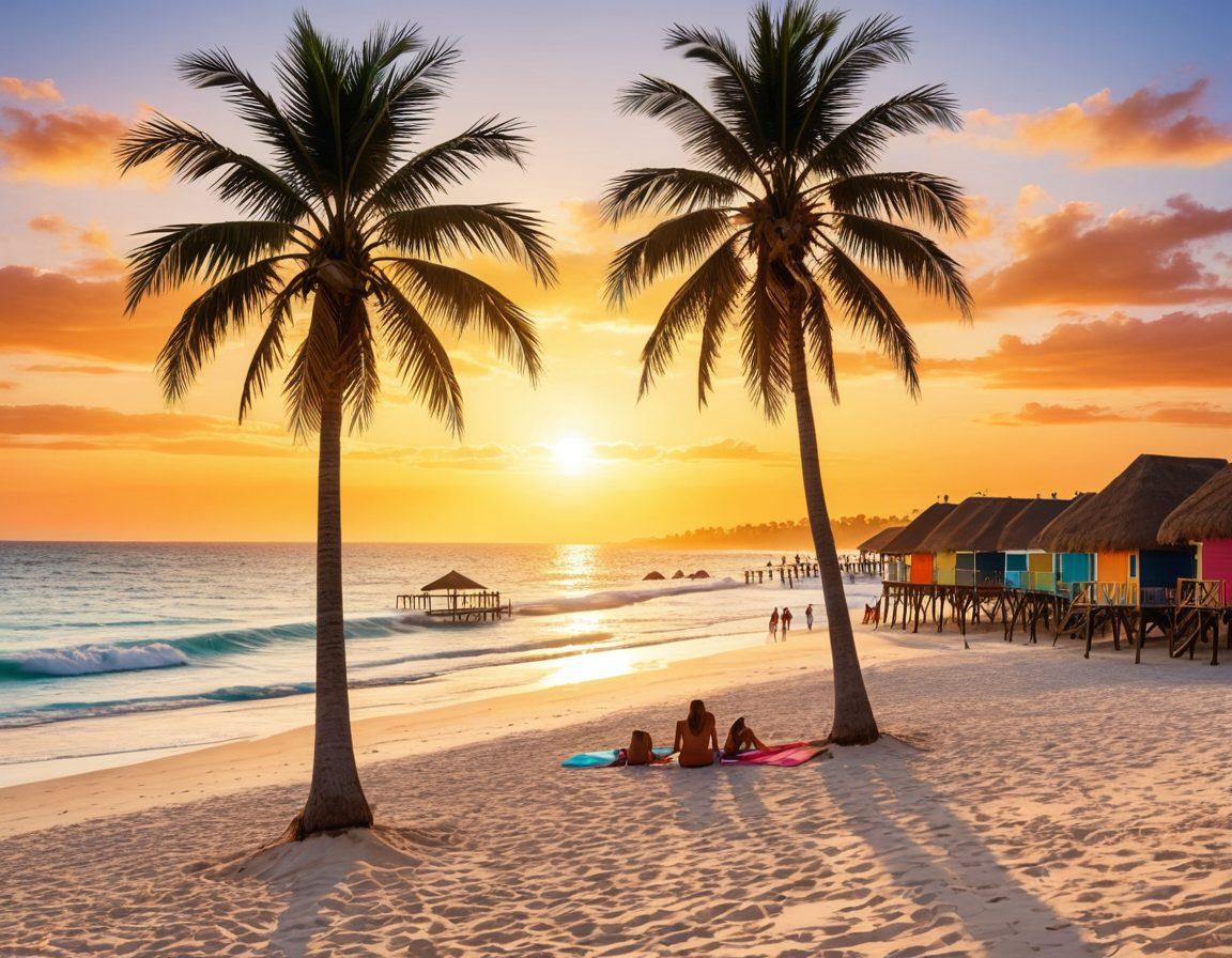 A stunning beach landscape showcasing a variety of beach rentals, from cozy affordable huts to luxurious villas, against a sunset backdrop. Include palm trees swaying gently, colorful beach umbrellas, and a crystal-clear ocean with waves lapping the shore. Add cheerful vacationers enjoying their time, sunbathing, and playing beach volleyball to evoke a sense of joy and adventure. summer vibes. super-realistic. vibrant colors. white background.